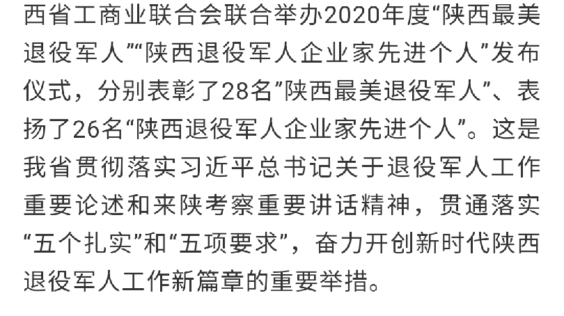 請您檢閱！2020年度“陜西省最美退役軍人”暨“陜西退役軍人企業家先進個人”結果發布